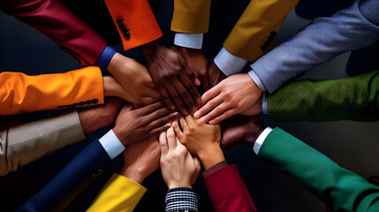 A mixed ethnic group with different skin color and suits in a circle with hands on top of one another: View from above. Teamwork, unity, and friendship concept.