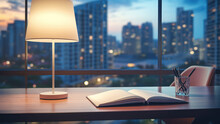 Wooden Office Table With Open Book And Desk Lamp. Evening City View Through Big Windows In The Background.