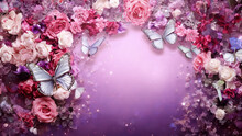 Bilderrahmen Leer In Pink Mit Blumen Und Schmetterlinge Dekoriert Als Hintergrund Und  Grußkarte Für Druckvorlage In Querformat, Ai Generativ