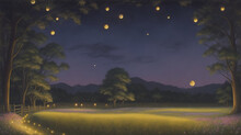 Painting Of A Field With A Path And A Full Moon, Anime Countryside Landscape, Field Of Flowers At Night, Cozy Night Fireflies
