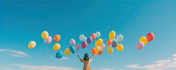 Wall Mural - young girl with many color ballons flying over her head. copy space for text.