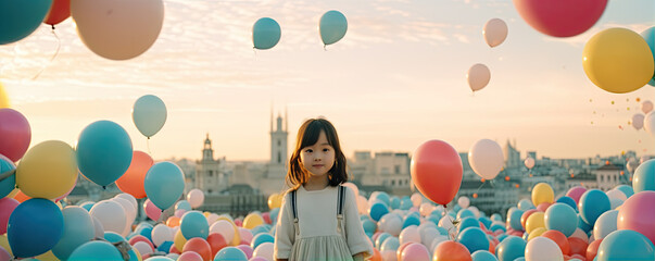 Wall Mural - young girl with many color ballons flying over her head. copy space for text.