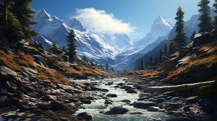 Wall Mural - Alps Snow Mountains and Floating River Moody Landscape Background AI Generative