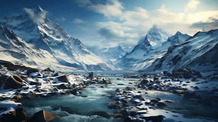 A River Rushing Through A Snowy Winter Alps Ravine Winter Trees Falling Snow AI Generative