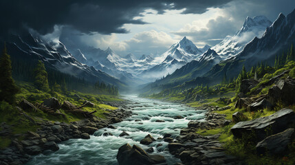 A River Rushing Through A Snowy Winter Alps Ravine Winter Trees Falling Snow AI Generative