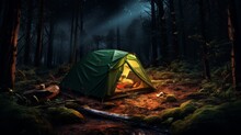 A Cozy Camping Tent In The Woods With A Crackling Campfire