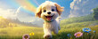 Happy dog or puppy in flower field. Fairytail dog concept. copy space for text.
