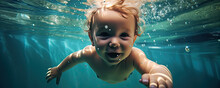 Baby Swiming Underwater. Diving Todler Looking Into Camera.