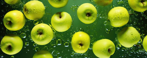 Green fresh apples with sprinkled water top view. Apples washed in water.