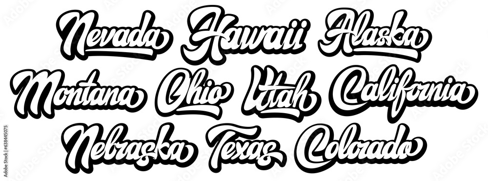 Set of ten templates of different American states. Calligraphic stylish ...