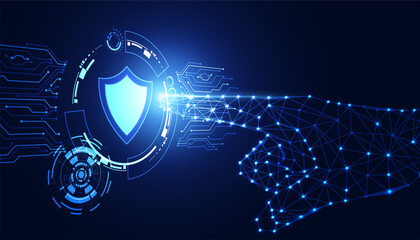 Abstract background digital concept hand is pointing cyber security shield anti virus malware spy protection cyber theft security On a blue-black background
