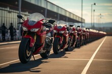 Front and center Row of motorcycles with Honda stands poised in attention Generative AI