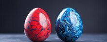 Two Red Blue Easter Eggs On Dark Backround. Easter Art Egg Concept.