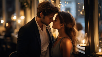 Portrait of a young couple in love in a luxury restaurant, date, romantic evening, blurred bokeh background.