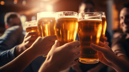 Glass of beer in hand, group of happy friends drinking and toasting beer