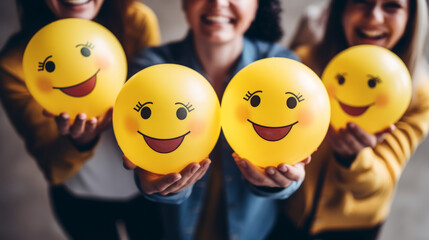 Happy people, happy group. Holding yellow smiley in their hands. Smiling face happy individual, positivity at work or team concept