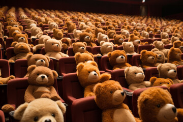 Many teddy bears in red cinema seats , theater audience or movie public concept image