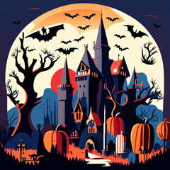 Wall Mural - Halloween background with castle and bats. 