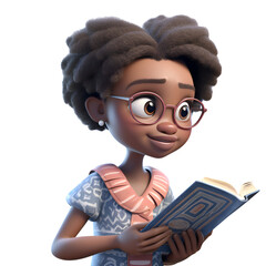 Wall Mural - 3D Render of an African American Girl with glasses reading a book