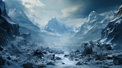 A River Rushing Through A Snowy Winter Alps Ravine Winter Trees Falling Snow AI Generative