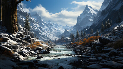 A River Rushing Through A Snowy Winter Alps Ravine Winter Trees Falling Snow AI Generative