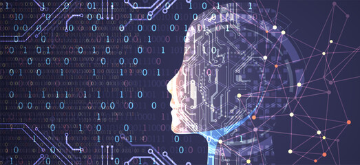 Artificial Intelligence. Technical background with a silhouette of a man. Big data concept. Machine cyber mind.