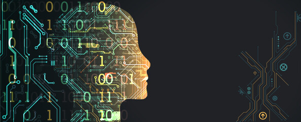 Artificial Intelligence. Technical background with a silhouette of a man. Big data concept. Machine cyber mind.