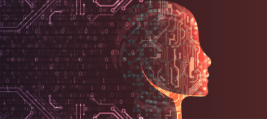 Artificial Intelligence. Technical background with a silhouette of a man. Big data concept. Machine cyber mind.