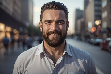 Wall Mural -  Handsome man with a beard in a shirt in the city