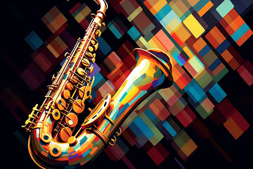 Aufkleber - A popular image presents an abstract geometric style portrayal of a saxophone, with its sleek and curvaceous form rendered using intersecting geometric lines and vibrant, Generative AI technology