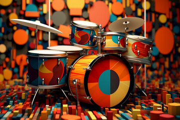 Aufkleber - A trending image depicts an abstract geometric representation of a drum set, with each drum and cymbal rendered as a unique geometric shape. Generative AI technology