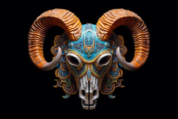 Aufkleber - An image presents a beautifully crafted and intricately carved ram skull, adorned with ornate engravings and symbolic motifs. Generative AI technology