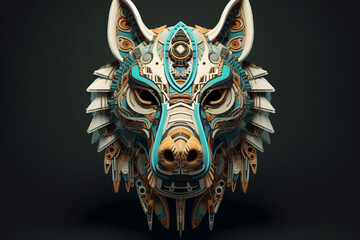 Poster - An image depicts a stylized and intricately designed wolf skull, featuring geometric patterns and tribal-inspired elements that evoke a sense of mysticism and strength. Generative AI technology