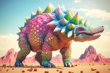 Fototapete - A pastel-colored geometric-style Stegosaurus artwork with intricate geometric shapes and soft pastel hues. Generative AI technology