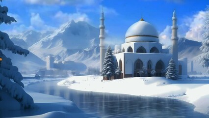 Wall Mural - mosque in the snow, winter panorama, Seamless Animation Video Background in 4K Resolution