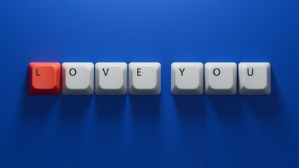 love you.Computer keyboard keys spelling.Flat lay view from above on blue background with computer keyboard keys buttons.IT technology concept.3D rendering on blue background.
