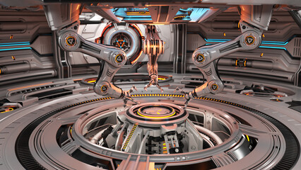 Wall Mural - 3d rendering of highly detailed futuristic hall with robotic arms or cybernetic sci-fi space station designed for machinery building.