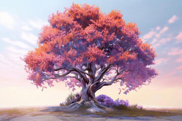 Poster - A pastel-colored Orange tree with a majestic mane, rendered in soft hues of pink, purple, and blue, exuding a serene and regal presence. Generative AI technology