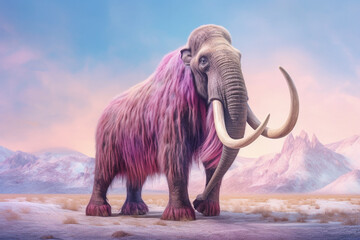 Poster - A pastel-colored Woolly Mammoth with a majestic mane, rendered in soft hues of pink, purple, and blue, exuding a serene and regal presence. Generative AI technology