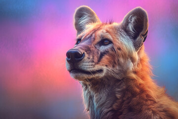 Poster - A pastel-colored Tasmanian Tiger with a majestic mane, rendered in soft hues of pink, purple, and blue, exuding a serene and regal presence. Generative AI technology