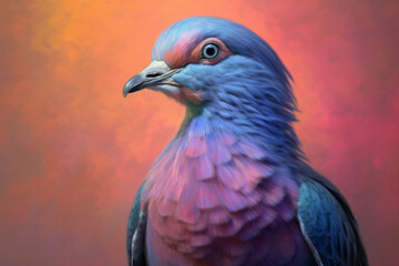 Aufkleber - A pastel-colored Passenger Pigeon with a majestic mane, rendered in soft hues of pink, purple, and blue, exuding a serene and regal presence. Generative AI technology