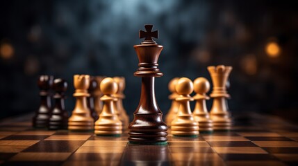 Wooden chess pieces and a chessboard on a blurred dark background