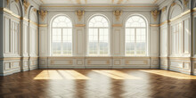 Big Empty Room In Light Colors, Big Windows, Vintage Style. Empty Banquet Hall With A Parquet Floor. 
