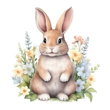 Watercolor Illustration Of A Cute Rabbit Looking Straight Ahead And Some Flowers In Front Of A White Background
