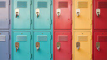 Сloseup Of School Locker. Minimal Style Creative Wallpaper With Many School Metal Lockers. 