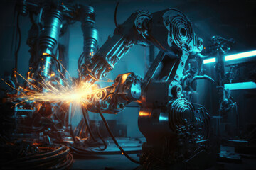 A welding robot working on the assembly line, AI generated