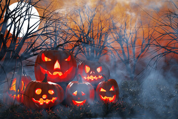 Halloween. Glowing jack-o'-lantern pumpkin in the fog in a dark forest with moon. 3D rendering