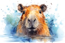 Watercolor Capybara In The Water With Splashes On White Background