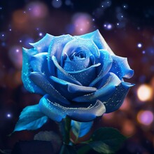 Beautiful Blue Rose With Drops Of Dew On Bokeh Background Close-up.Toned Photo. Soft Focus, Shallow Depth Of Field.