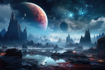 Wall Mural - alien landscape, fantasy planet, night sky with stars on background. Generative AI